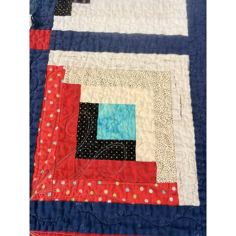 Handmade Log Cabin Patchwork Quilt 57.5x57 Chicken Backing Red Blue Throw